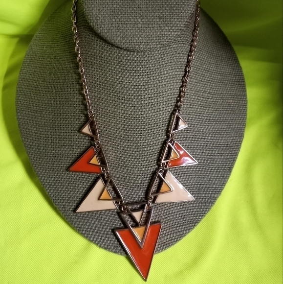 Goldtone orange yellow cream triangle chain necklace - Picture 2 of 6